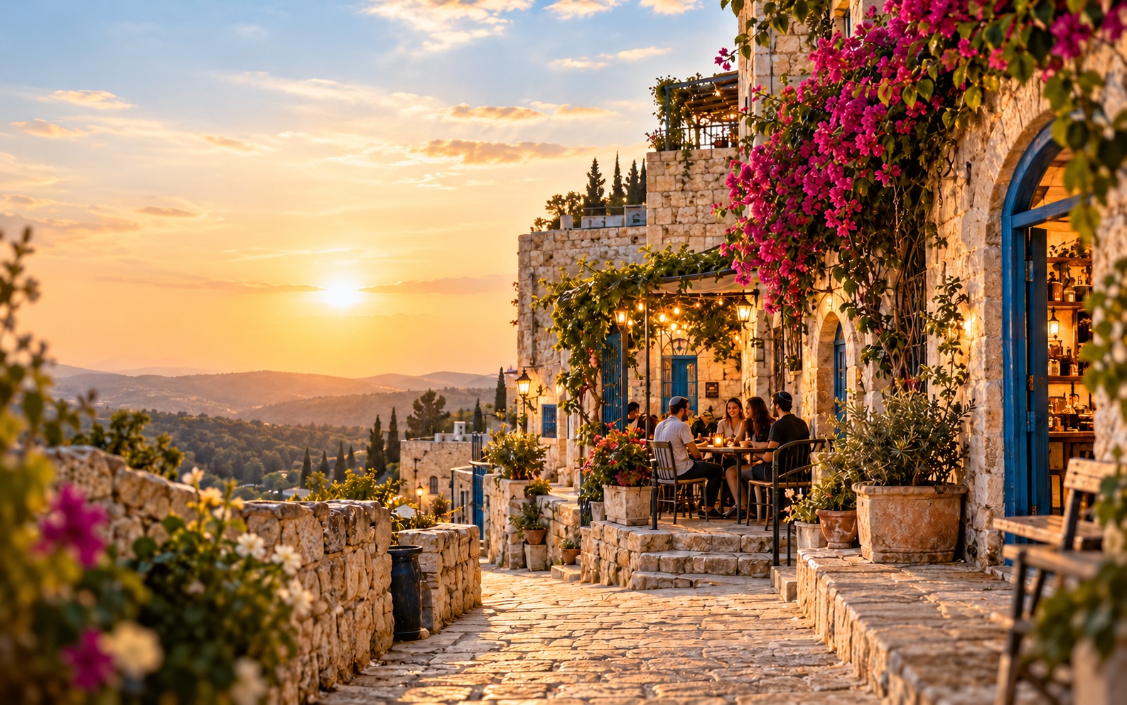 Tzfat-inspired illustration of stone lanes, blue arches and bougainvillea